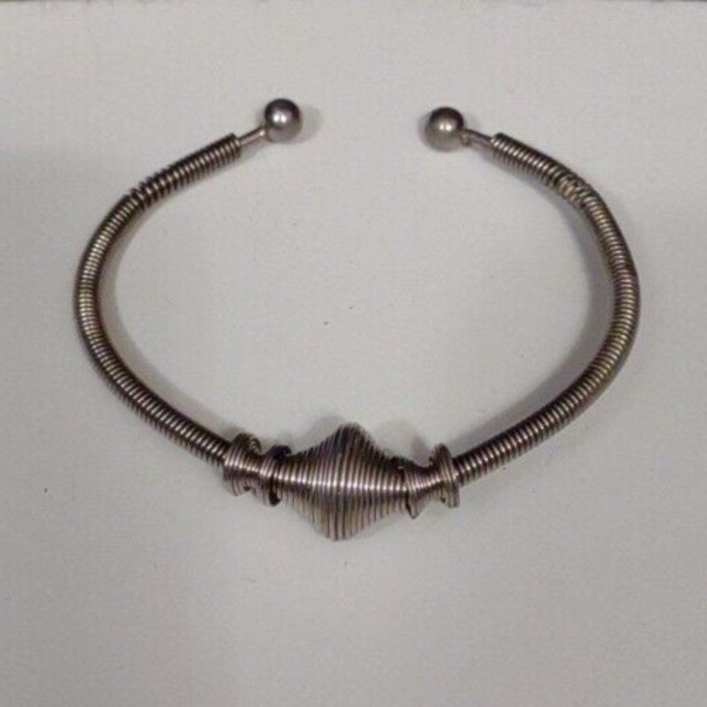Silver  Stainless Steel Beaded Open Cuff Bracelet 6 1/4" Adjustable  Metal Silv